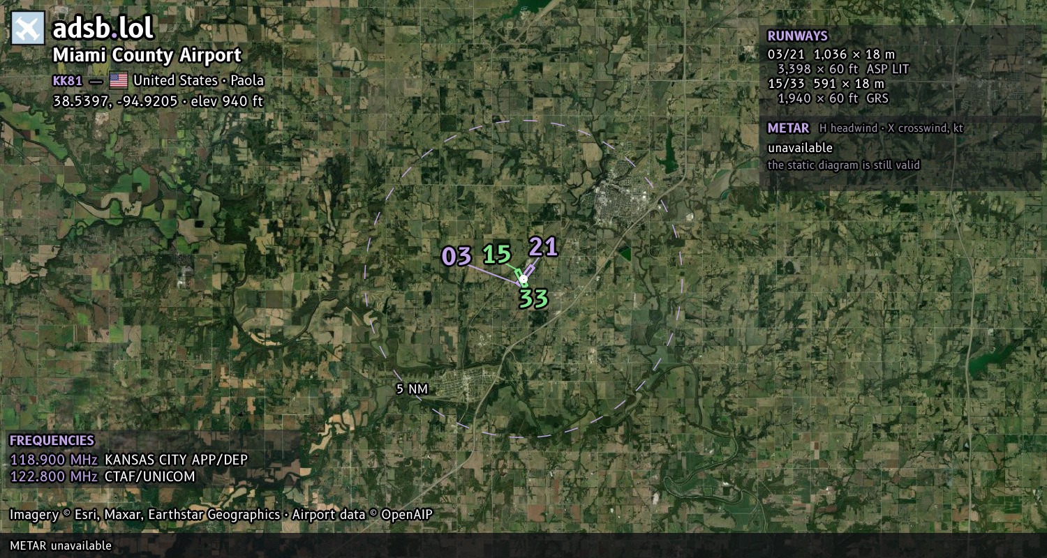 Satellite map with the runway layout of Miami County Airport (KK81)