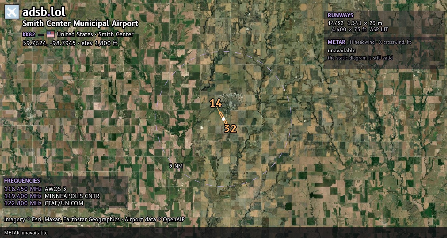 Satellite map with the runway layout of Smith Center Municipal Airport (KK82)