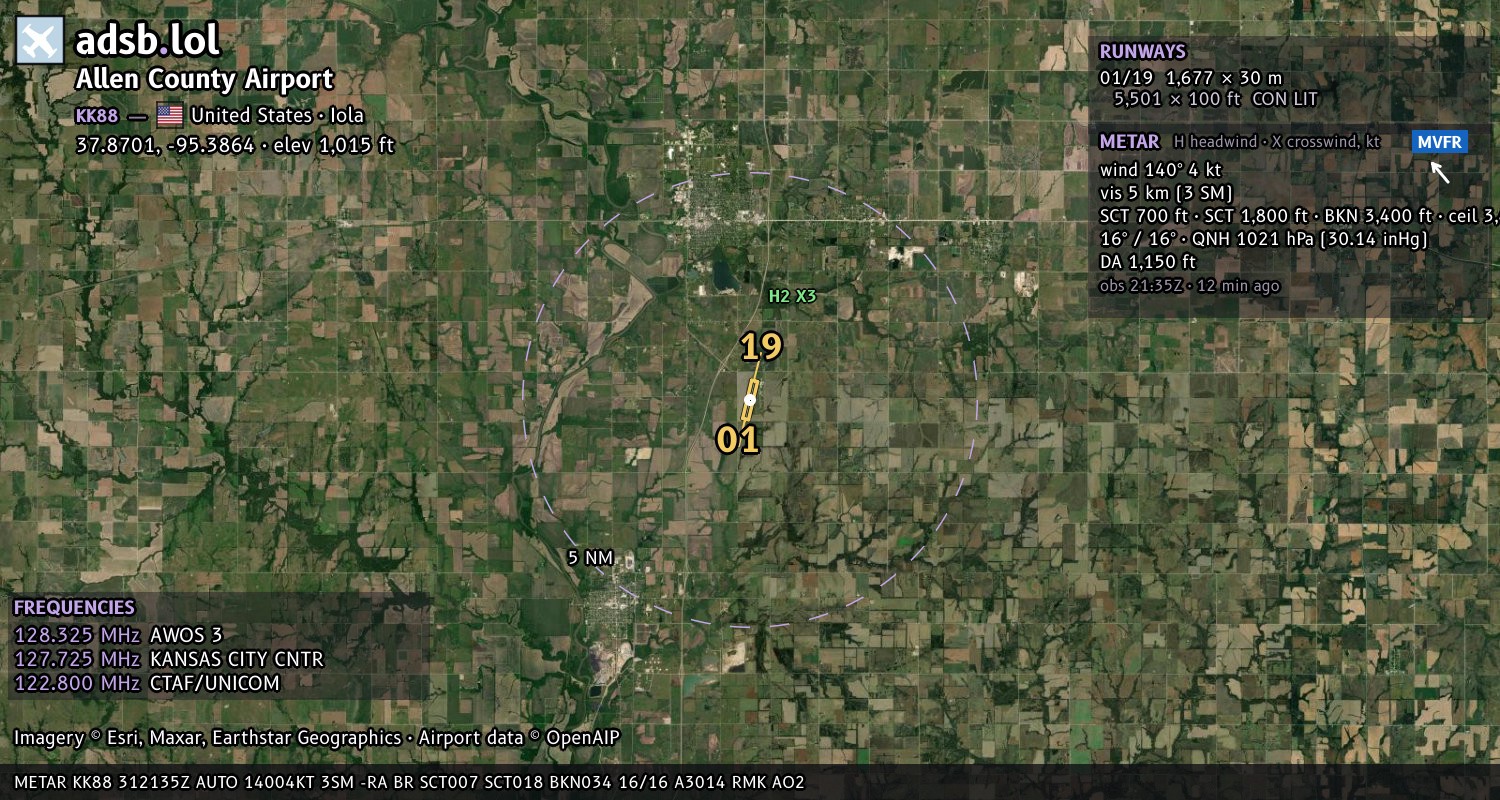 Satellite map with the runway layout of Allen County Airport (KK88)