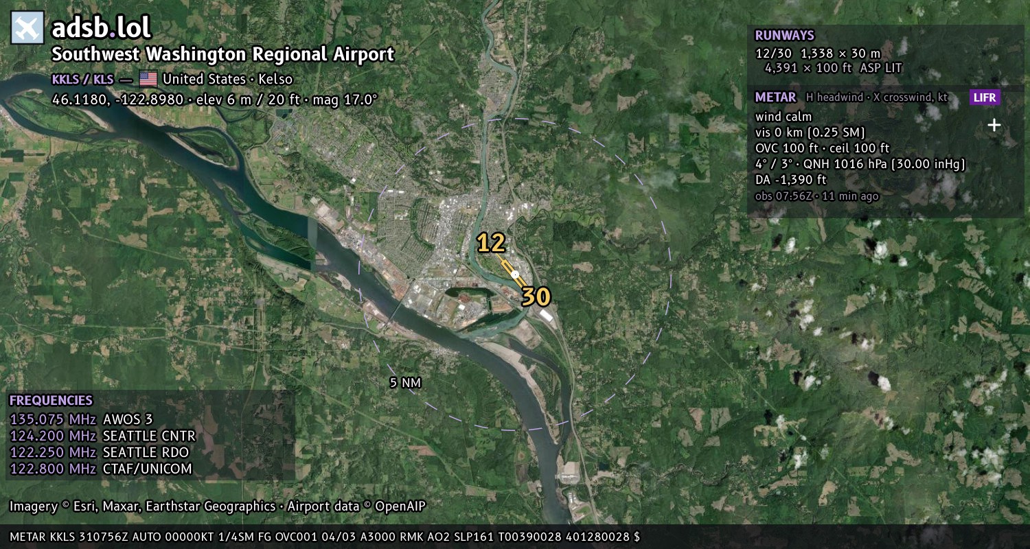 Satellite map with the runway layout of Southwest Washington Regional Airport (KKLS)