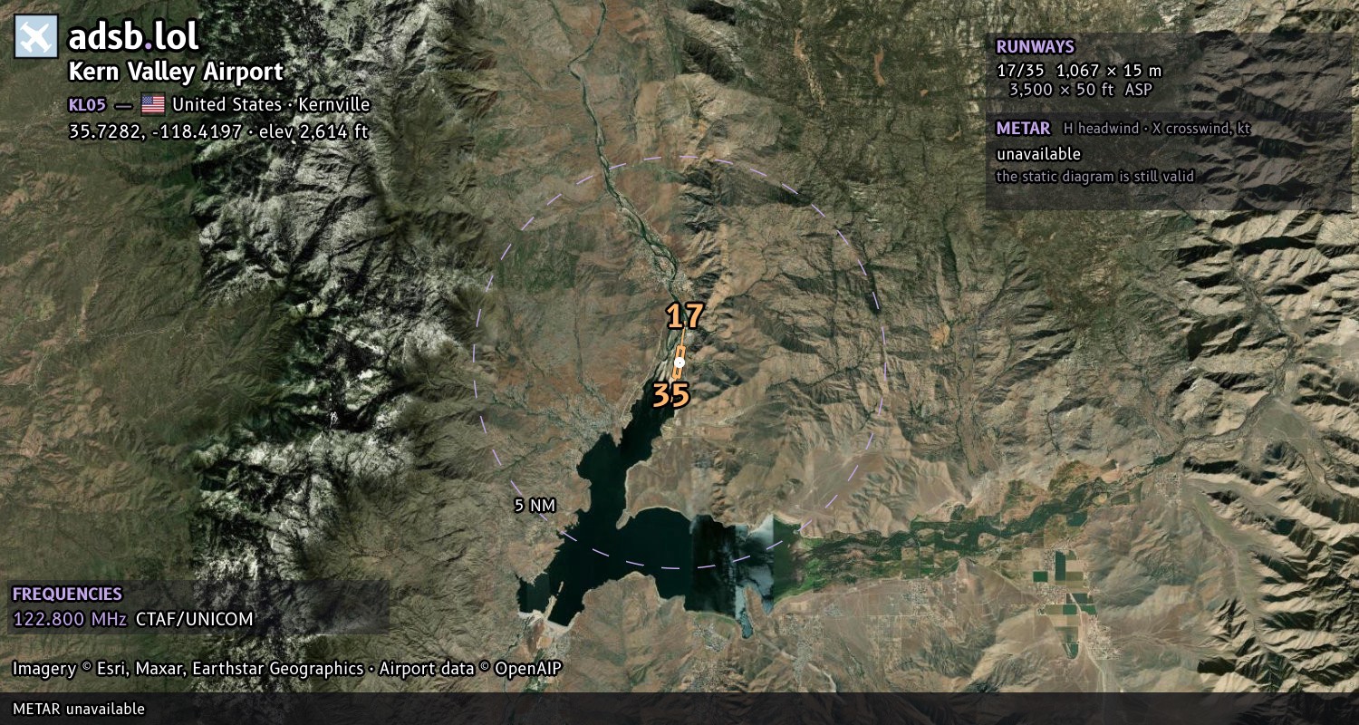 Satellite map with the runway layout of Kern Valley Airport (KL05)