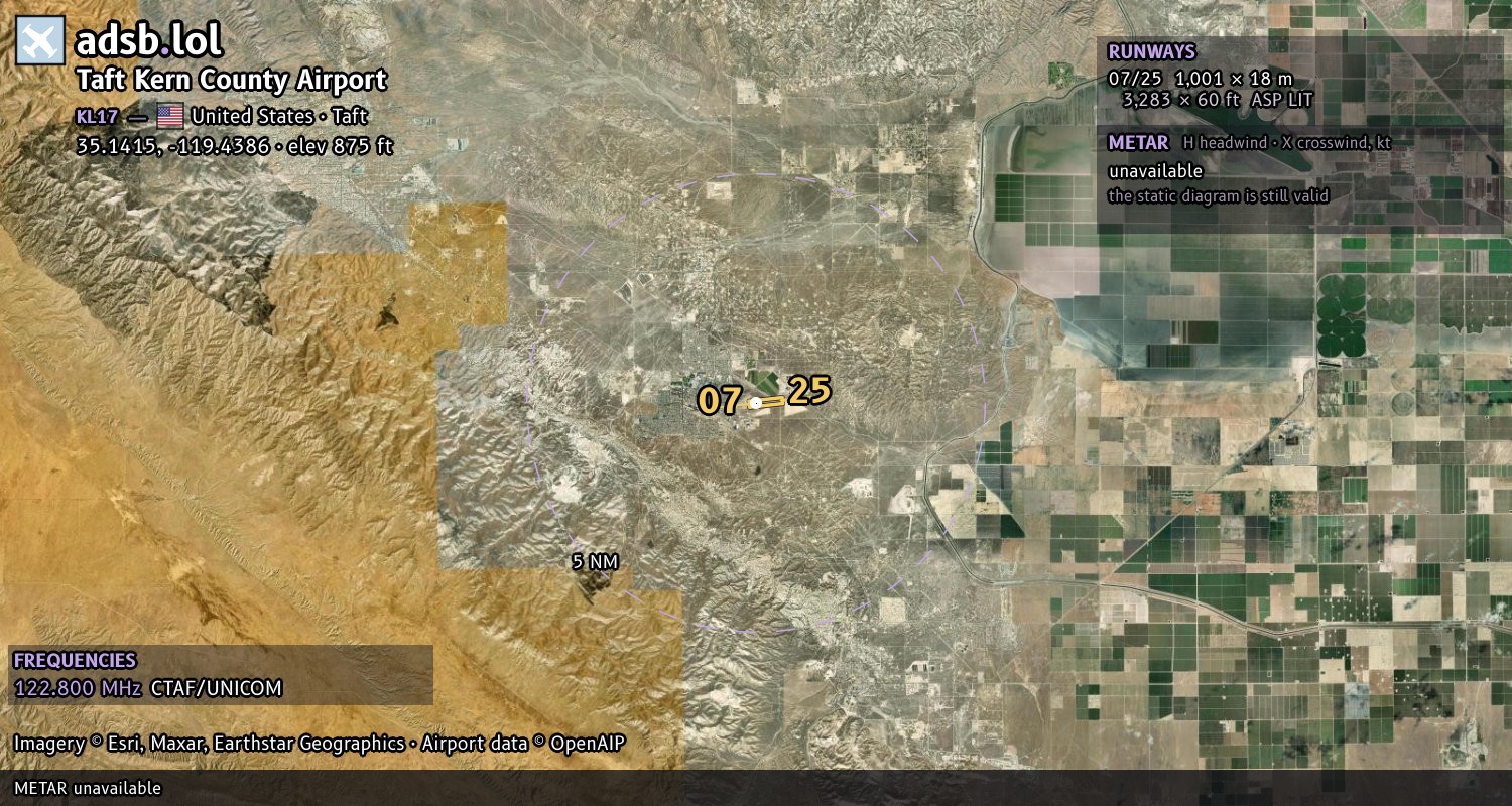 Satellite map with the runway layout of Taft Kern County Airport (KL17)