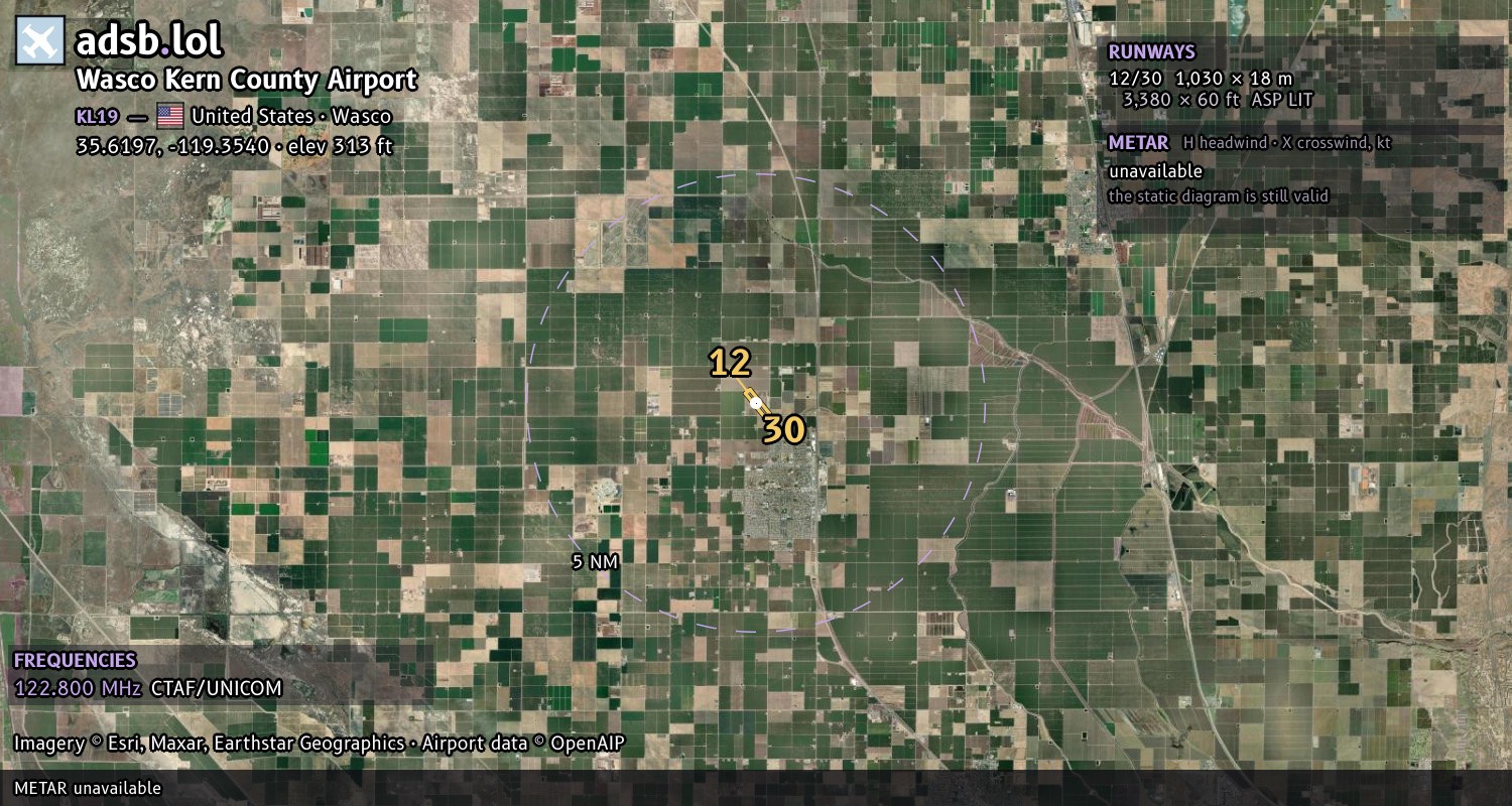 Satellite map with the runway layout of Wasco Kern County Airport (KL19)