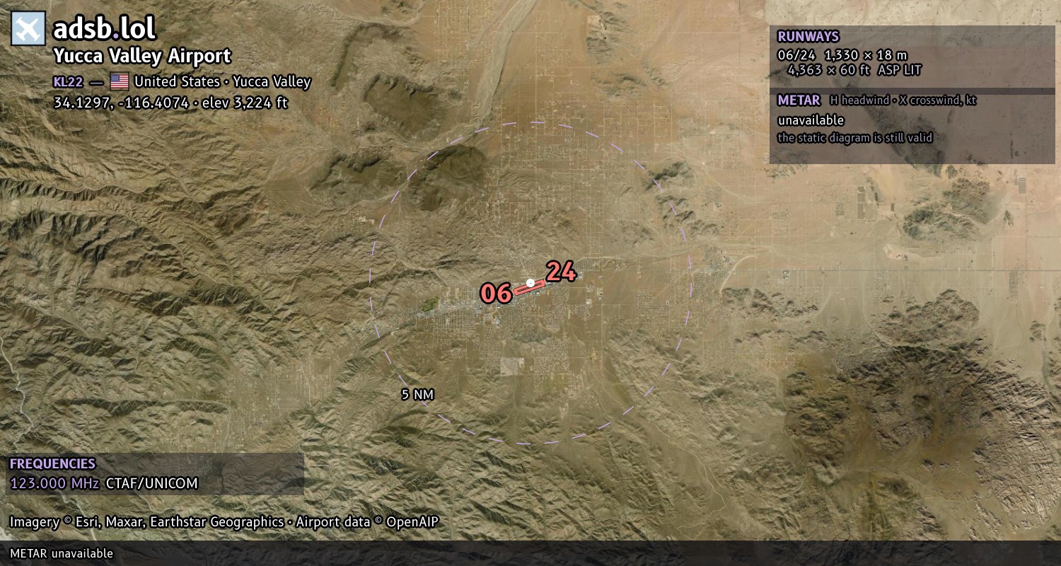 Satellite map with the runway layout of Yucca Valley Airport (KL22)