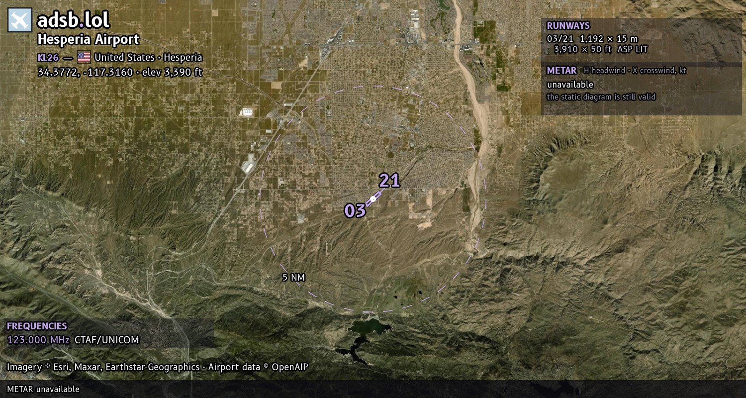 Satellite map with the runway layout of Hesperia Airport (KL26)
