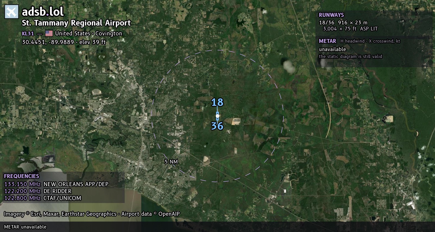 Satellite map with the runway layout of St. Tammany Regional Airport (KL31)