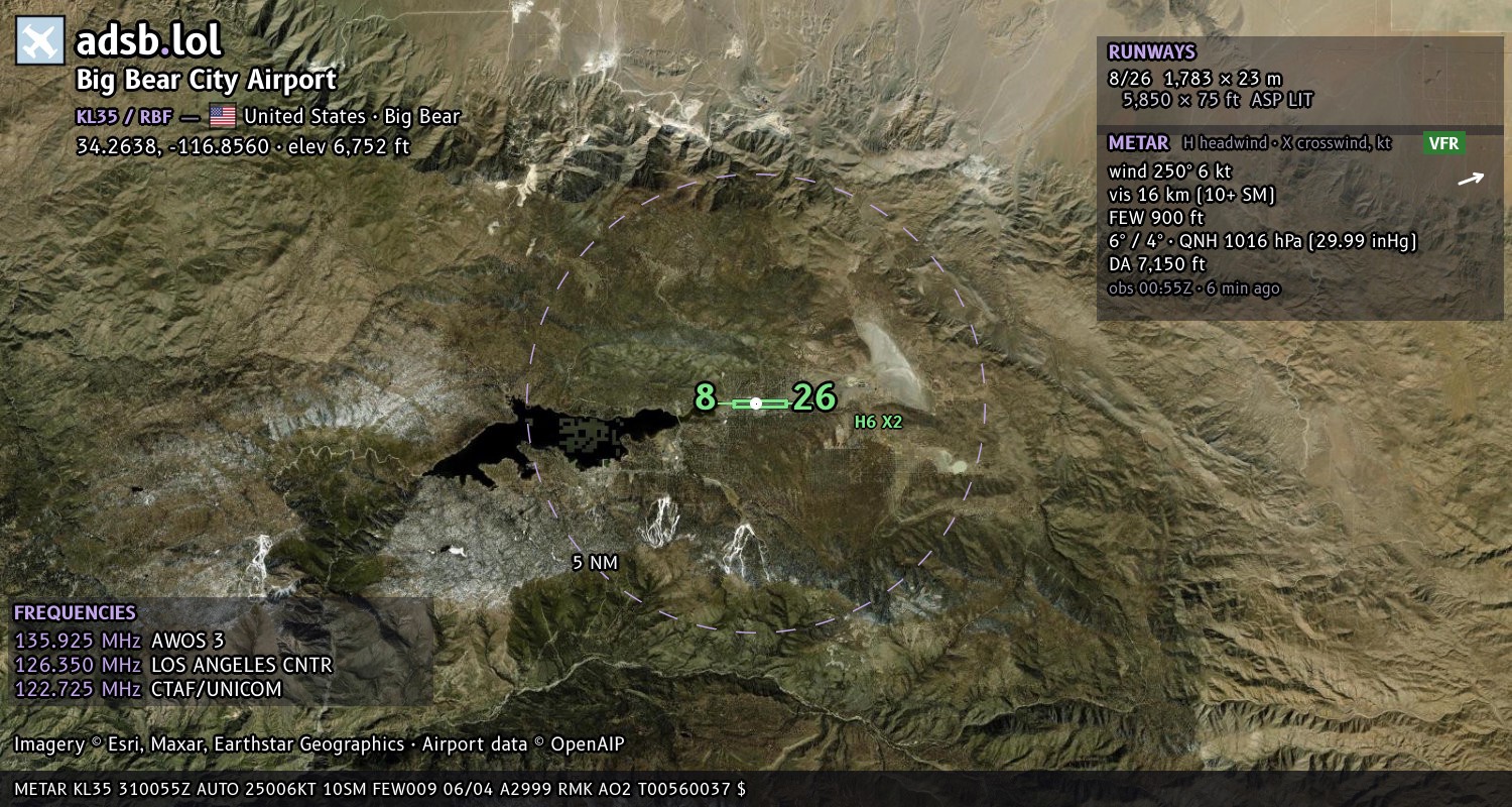 Satellite map with the runway layout of Big Bear City Airport (KL35)