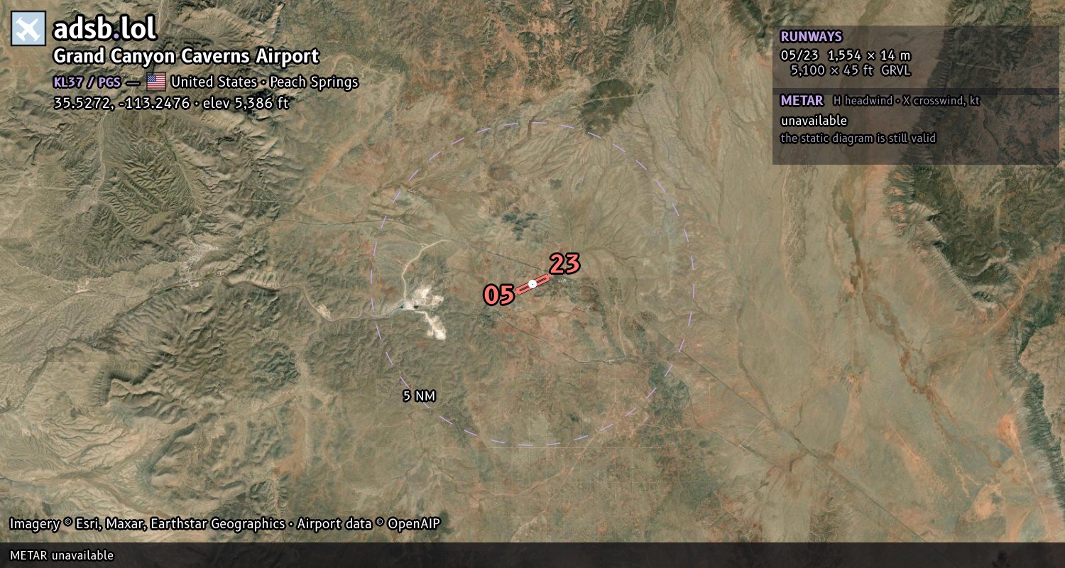 Satellite map with the runway layout of Grand Canyon Caverns Airport (KL37)