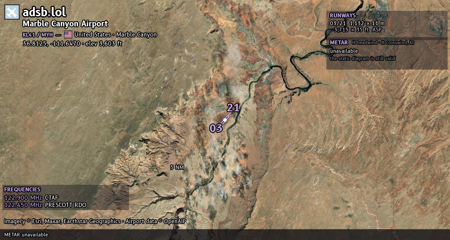 Satellite map with the runway layout of Marble Canyon Airport (KL41)