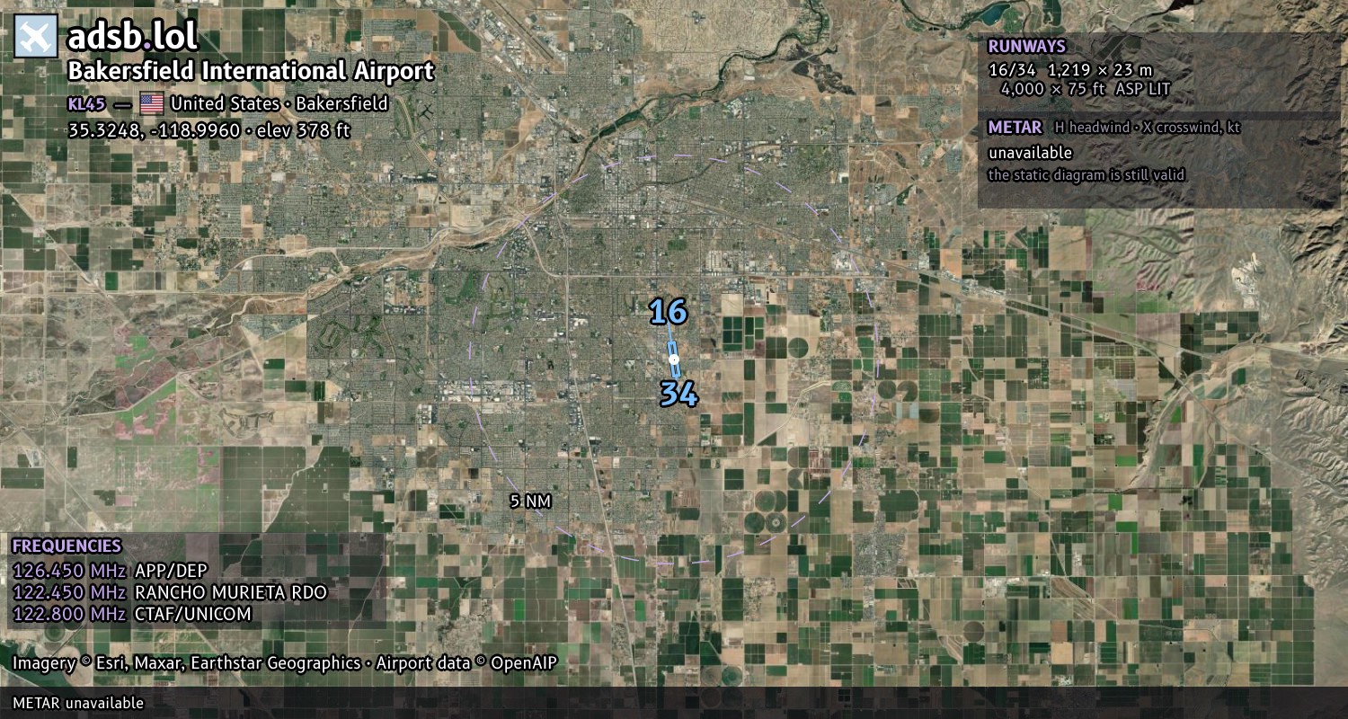 Satellite map with the runway layout of Bakersfield International Airport (KL45)