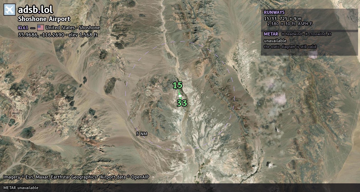 Satellite map with the runway layout of Shoshone Airport (KL61)
