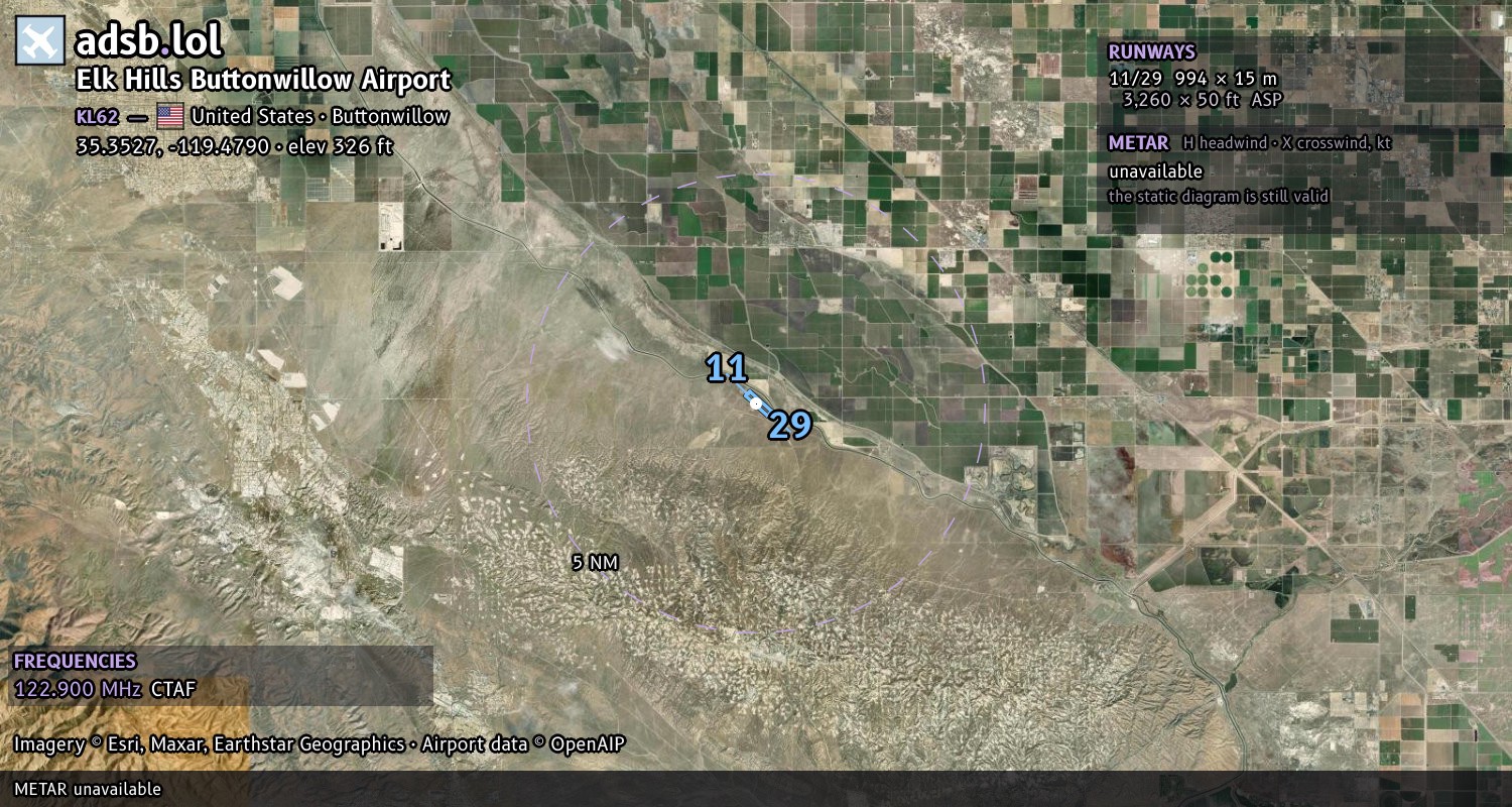 Satellite map with the runway layout of Elk Hills Buttonwillow Airport (KL62)
