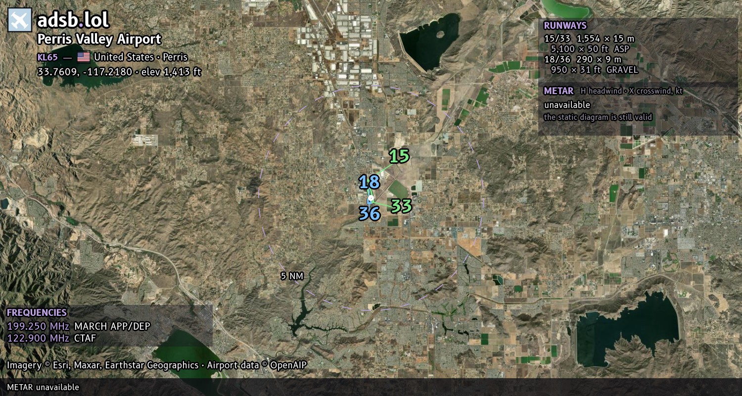 Satellite map with the runway layout of Perris Valley Airport (KL65)