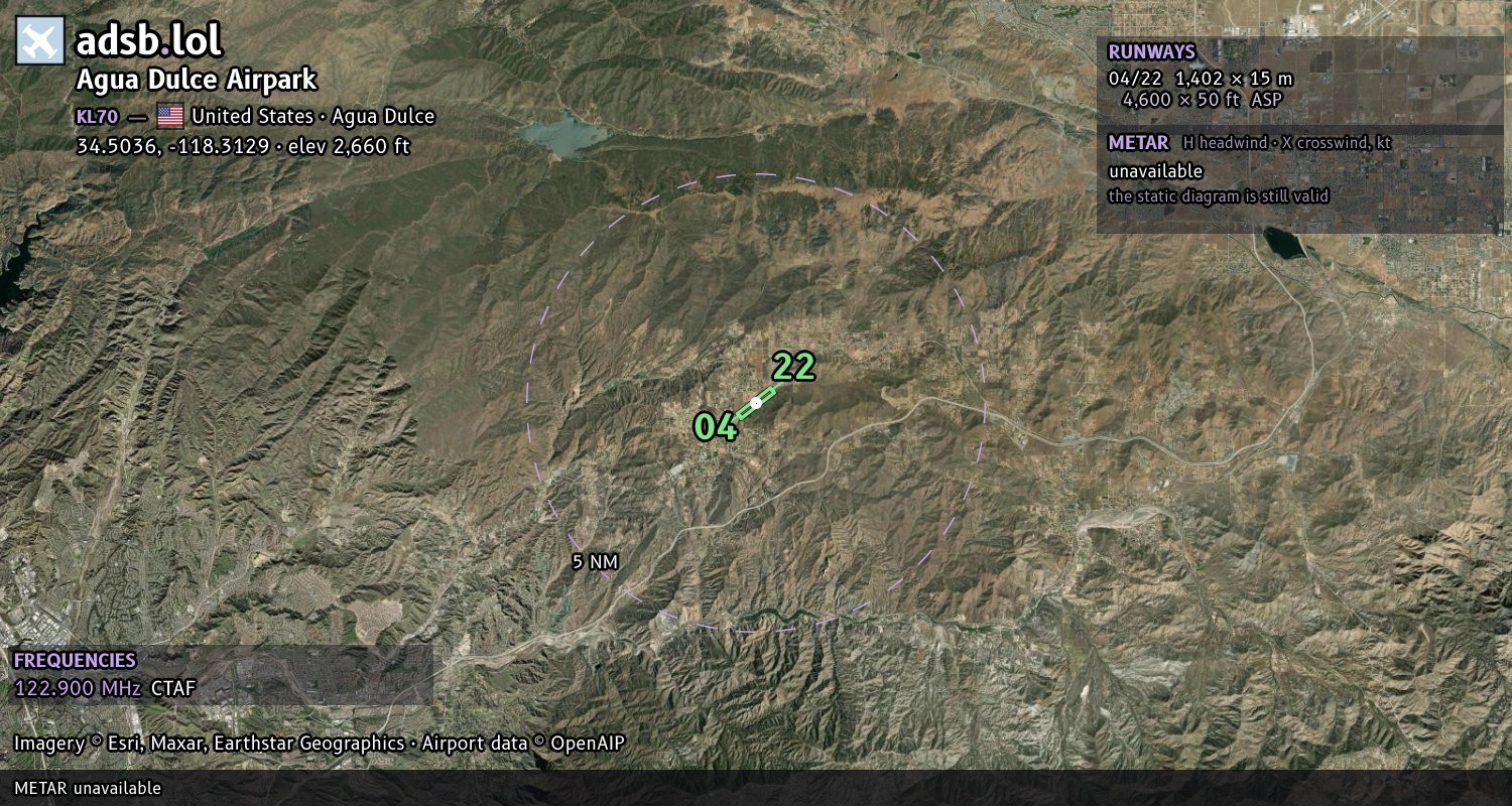 Satellite map with the runway layout of Agua Dulce Airpark (KL70)
