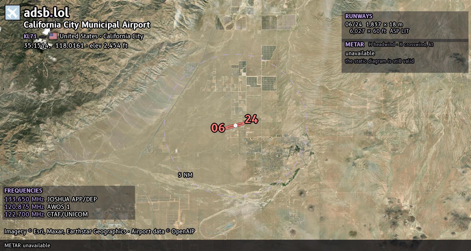 Satellite map with the runway layout of California City Municipal Airport (KL71)