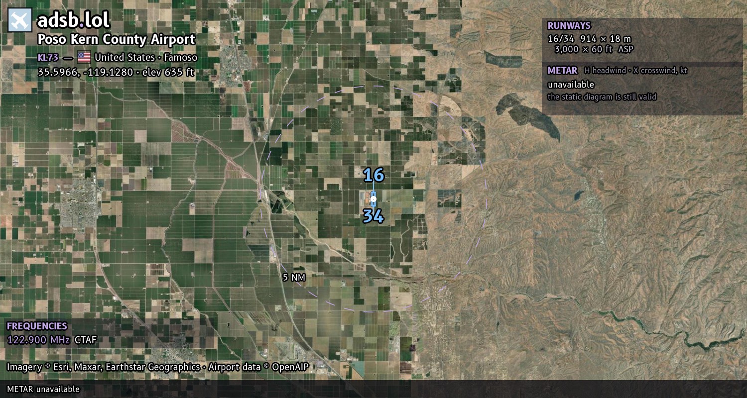 Satellite map with the runway layout of Poso Kern County Airport (KL73)