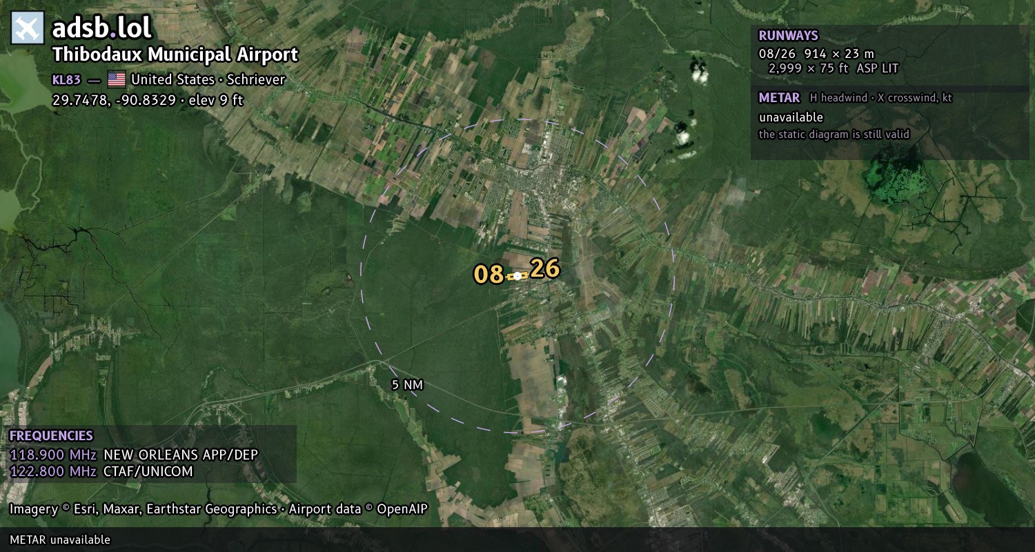 Satellite map with the runway layout of Thibodaux Municipal Airport (KL83)