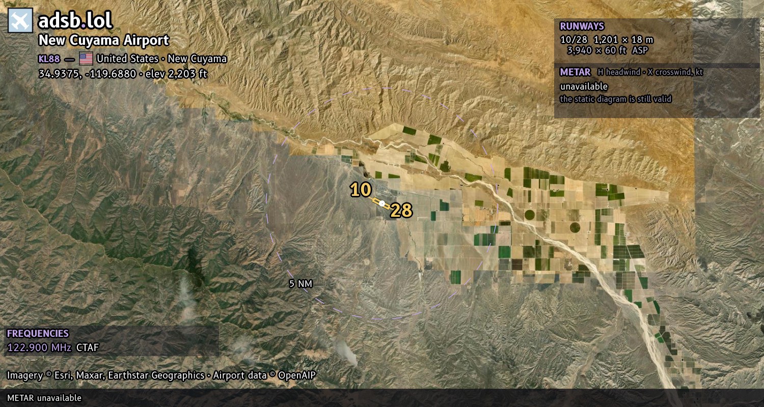 Satellite map with the runway layout of New Cuyama Airport (KL88)