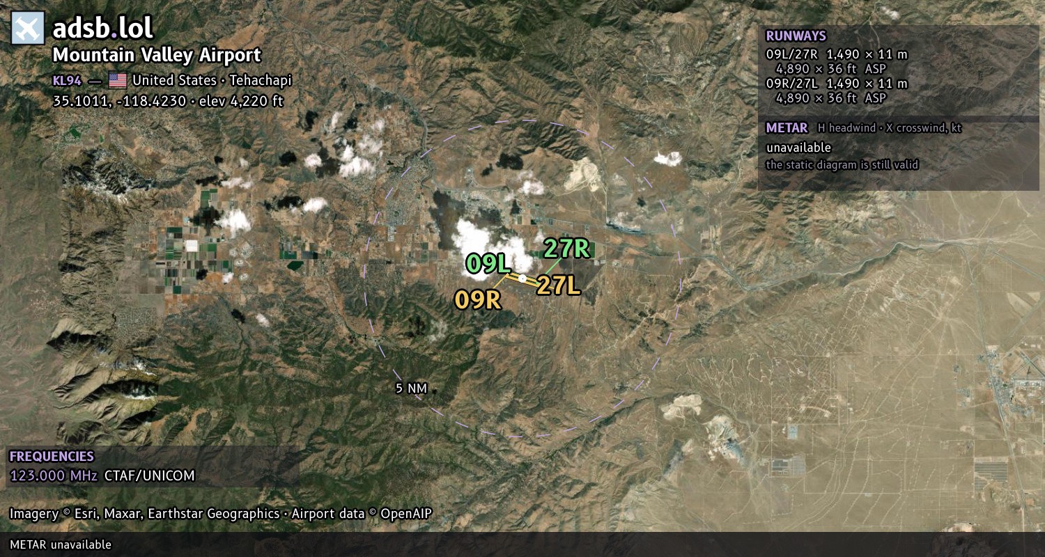 Satellite map with the runway layout of Mountain Valley Airport (KL94)