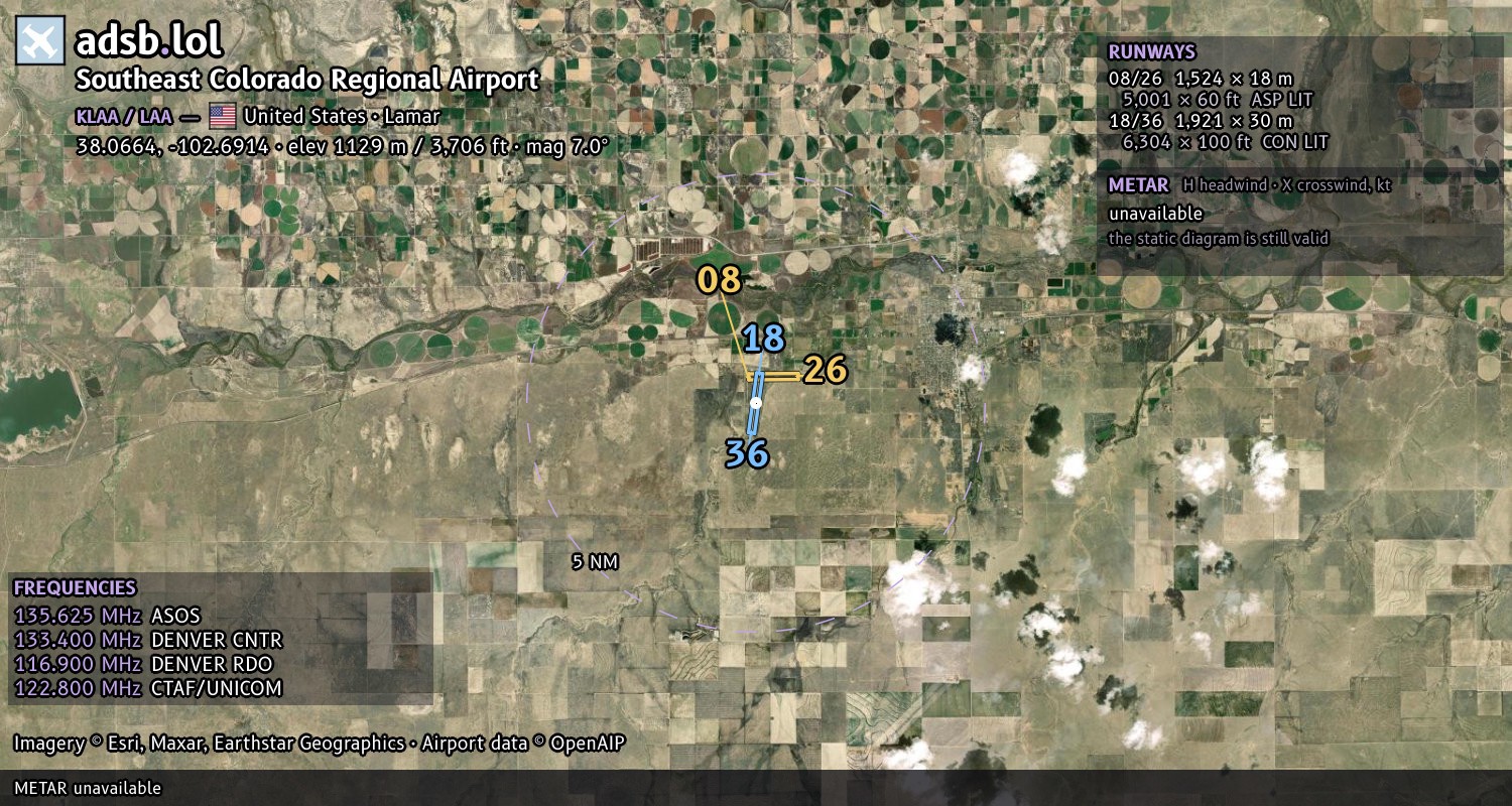 Satellite map with the runway layout of Southeast Colorado Regional Airport (KLAA)
