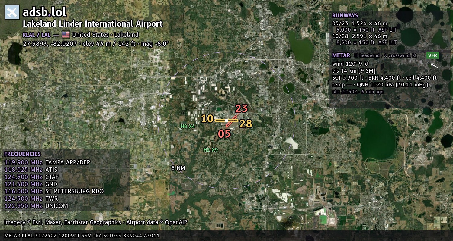 Satellite map with the runway layout of Lakeland Linder International Airport (KLAL)