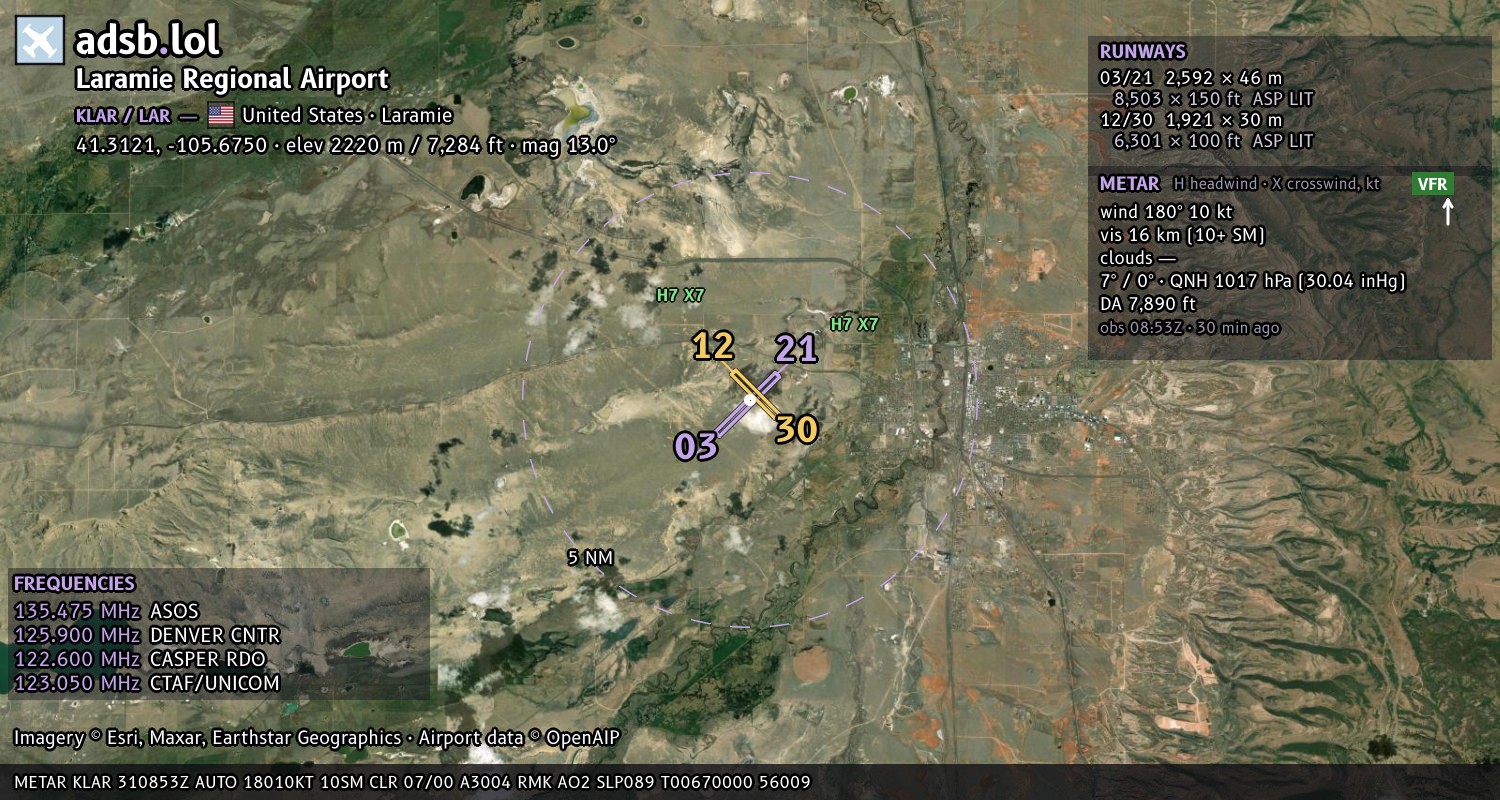 Satellite map with the runway layout of Laramie Regional Airport (KLAR)