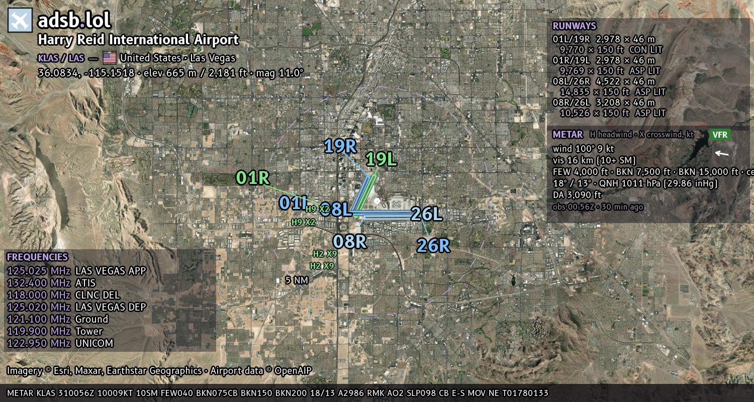Satellite map with the runway layout of Harry Reid International Airport (KLAS)