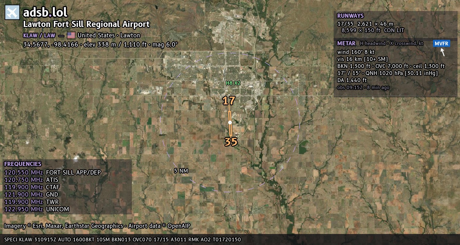 Satellite map with the runway layout of Lawton Fort Sill Regional Airport (KLAW)