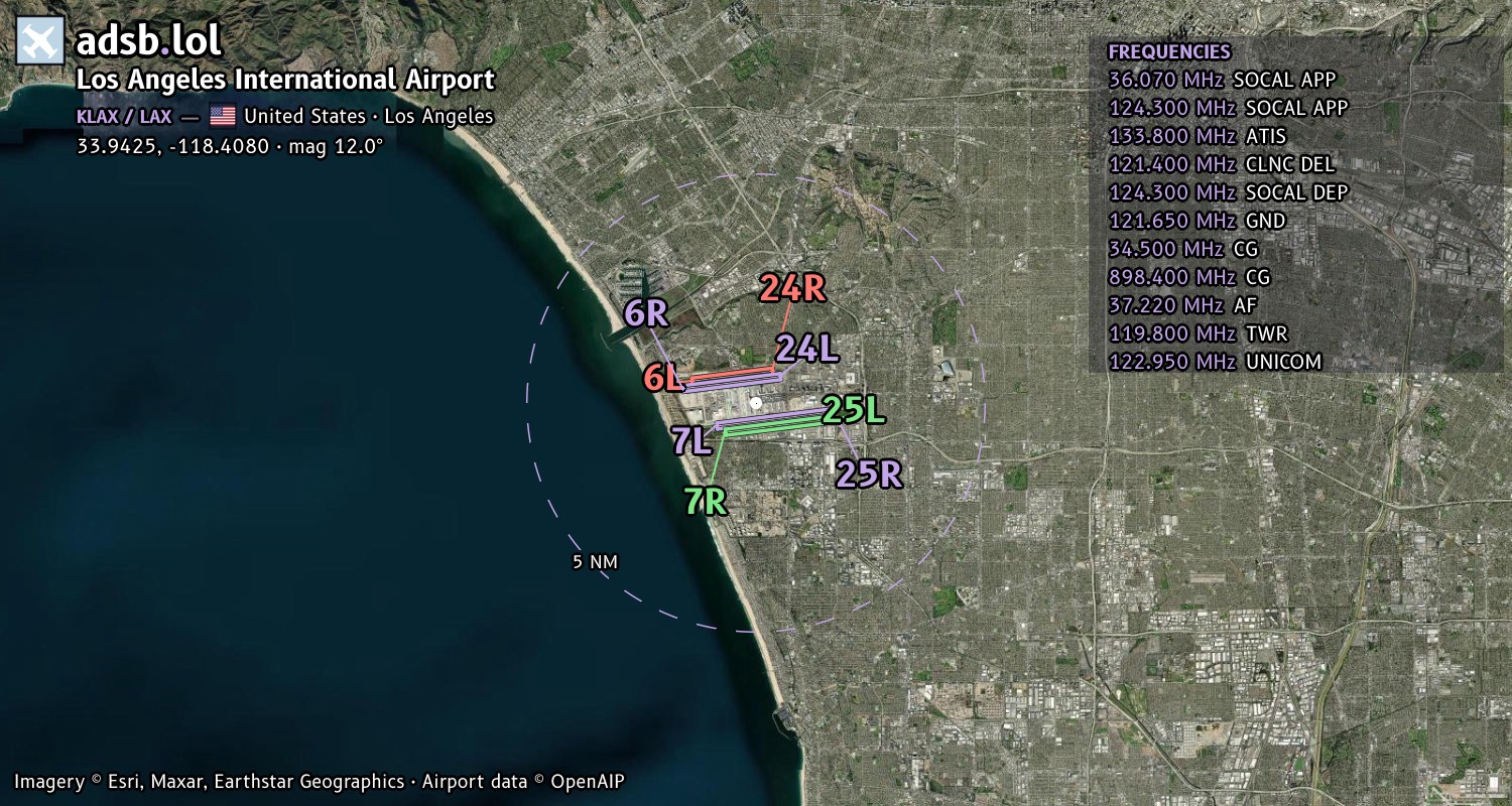 Satellite map with the runway layout of Los Angeles International Airport (KLAX)