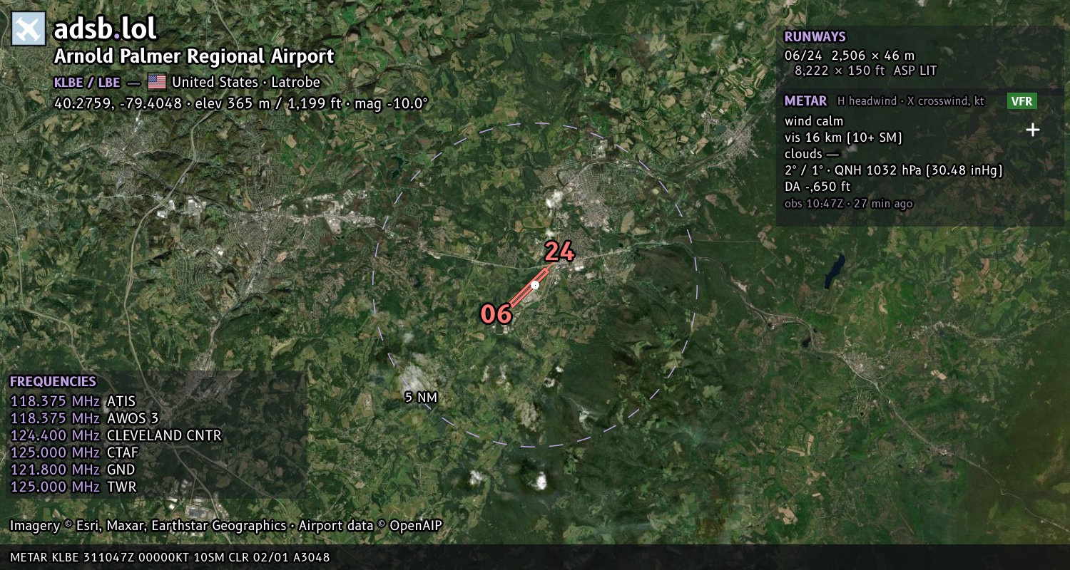Satellite map with the runway layout of Arnold Palmer Regional Airport (KLBE)