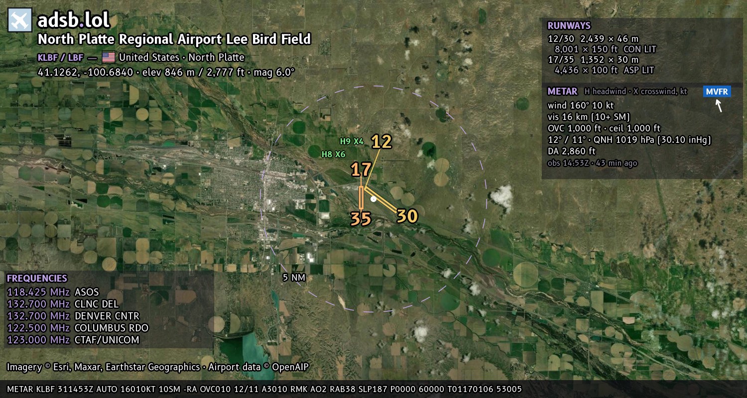 Satellite map with the runway layout of North Platte Regional Airport Lee Bird Field (KLBF)