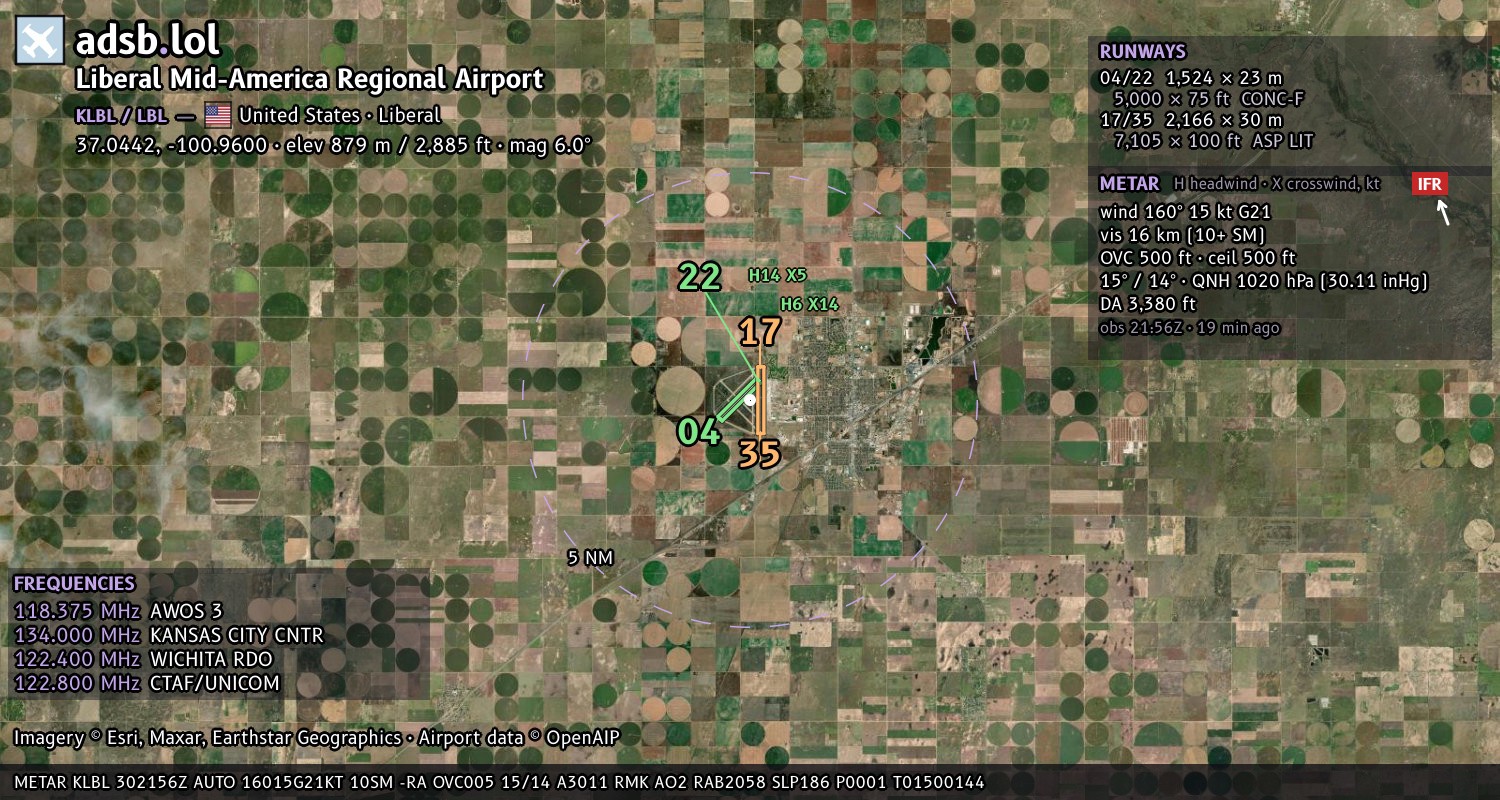 Satellite map with the runway layout of Liberal Mid-America Regional Airport (KLBL)