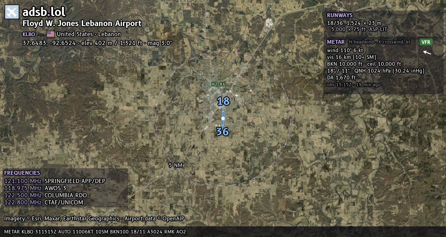 Satellite map with the runway layout of Floyd W. Jones Lebanon Airport (KLBO)