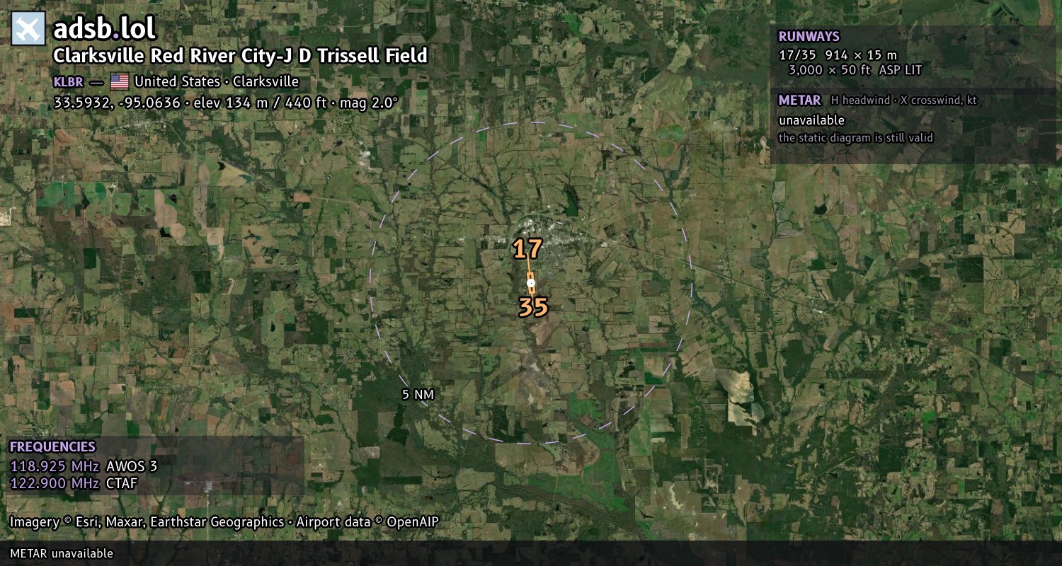 Satellite map with the runway layout of Clarksville Red River City-J D Trissell Field (KLBR)