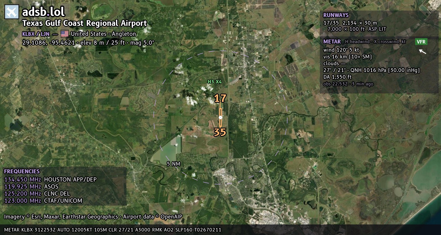 Satellite map with the runway layout of Texas Gulf Coast Regional Airport (KLBX)