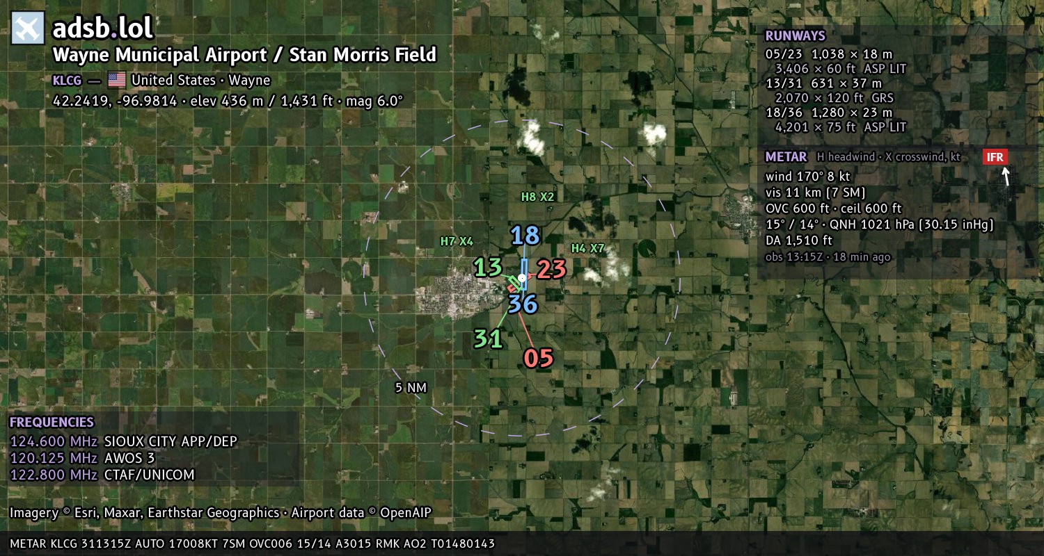 Satellite map with the runway layout of Wayne Municipal Airport / Stan Morris Field (KLCG)