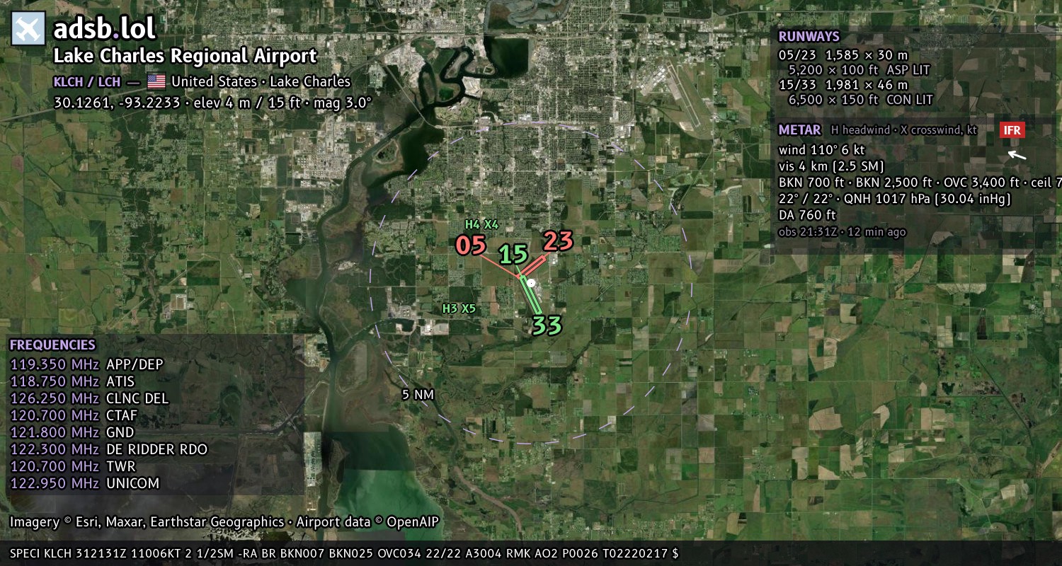 Satellite map with the runway layout of Lake Charles Regional Airport (KLCH)