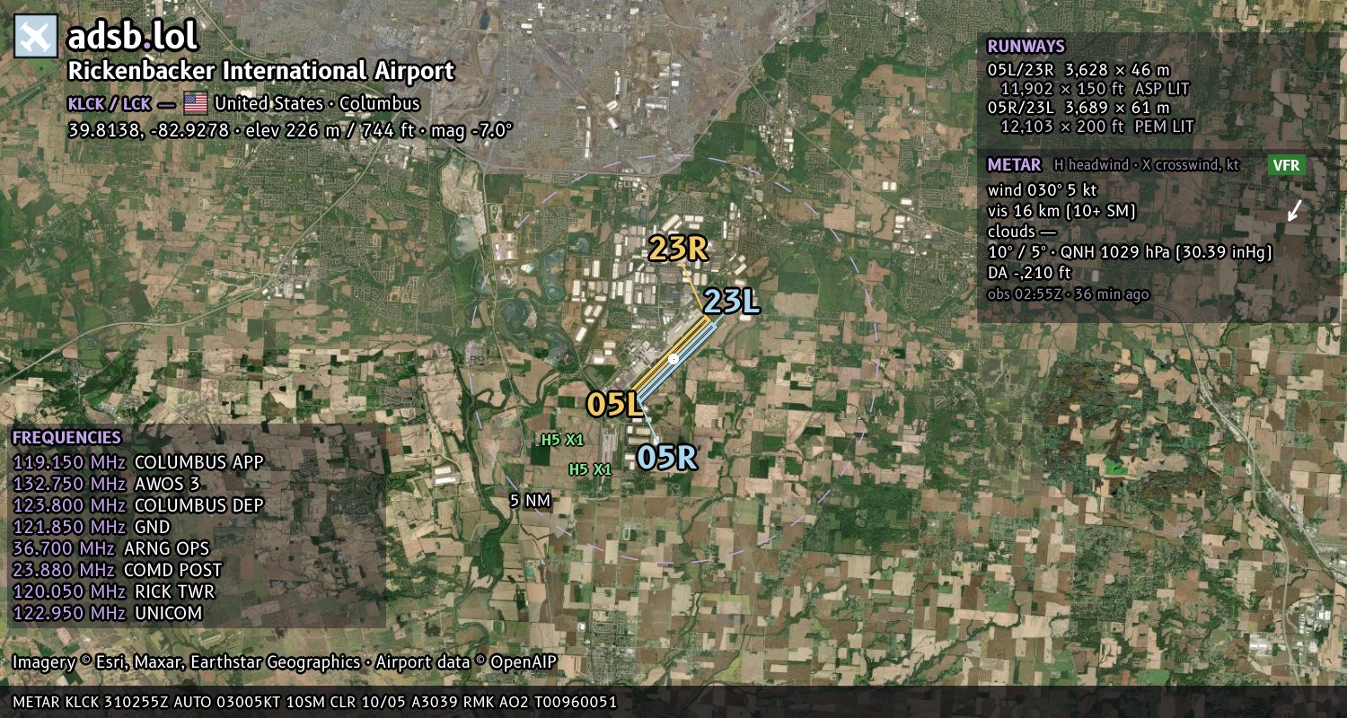 Satellite map with the runway layout of Rickenbacker International Airport (KLCK)