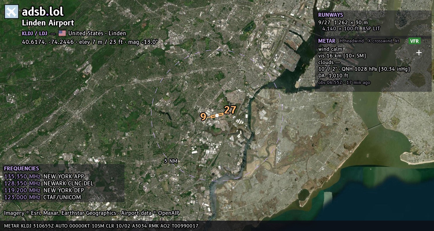 Satellite map with the runway layout of Linden Airport (KLDJ)