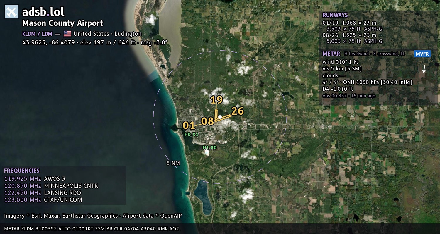 Satellite map with the runway layout of Mason County Airport (KLDM)