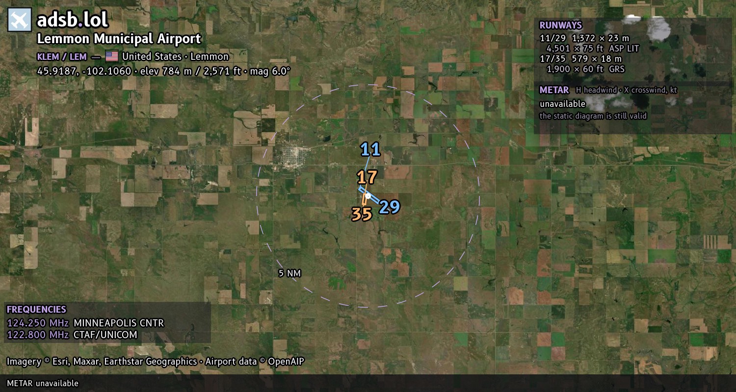 Satellite map with the runway layout of Lemmon Municipal Airport (KLEM)