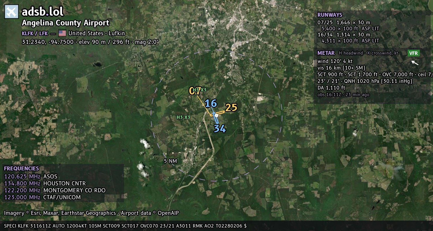 Satellite map with the runway layout of Angelina County Airport (KLFK)