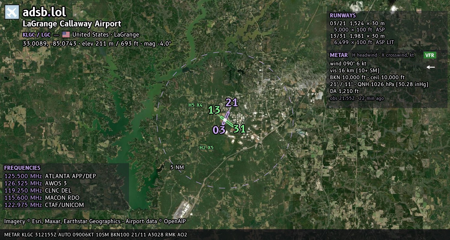Satellite map with the runway layout of LaGrange Callaway Airport (KLGC)