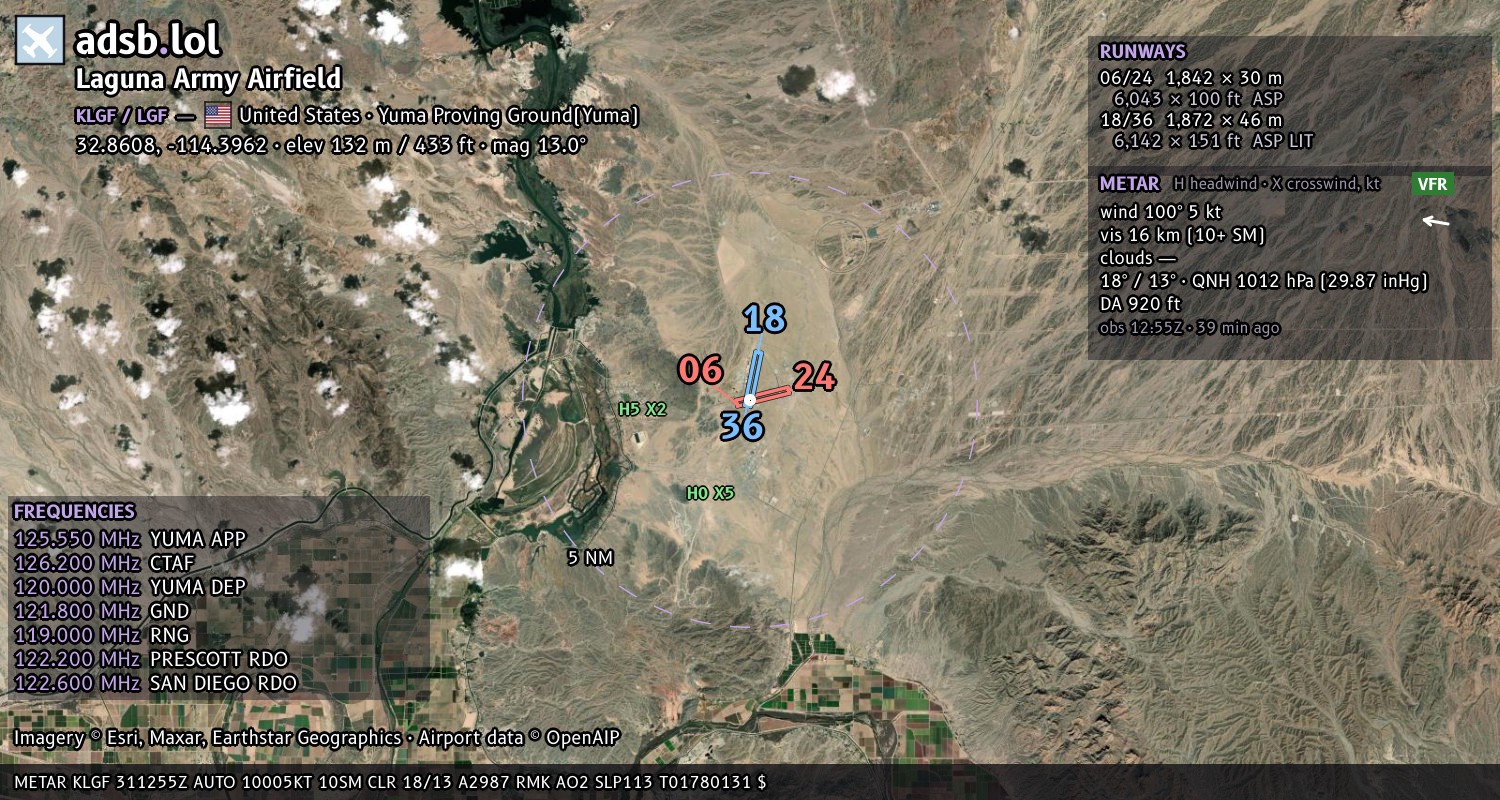 Satellite map with the runway layout of Laguna Army Airfield (KLGF)