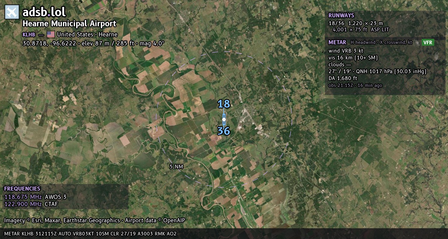 Satellite map with the runway layout of Hearne Municipal Airport (KLHB)