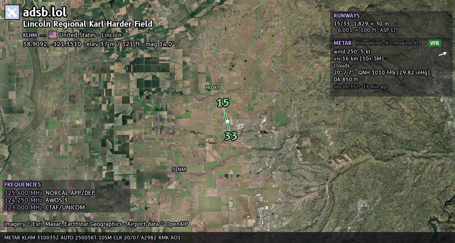 Satellite map with the runway layout of Lincoln Regional Karl Harder Field (KLHM)