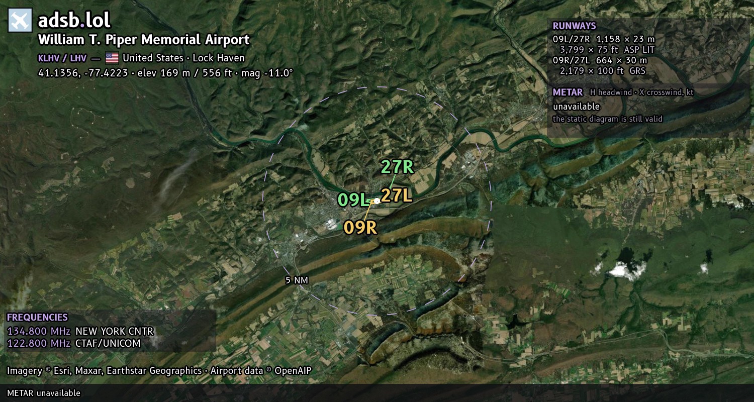 Satellite map with the runway layout of William T. Piper Memorial Airport (KLHV)