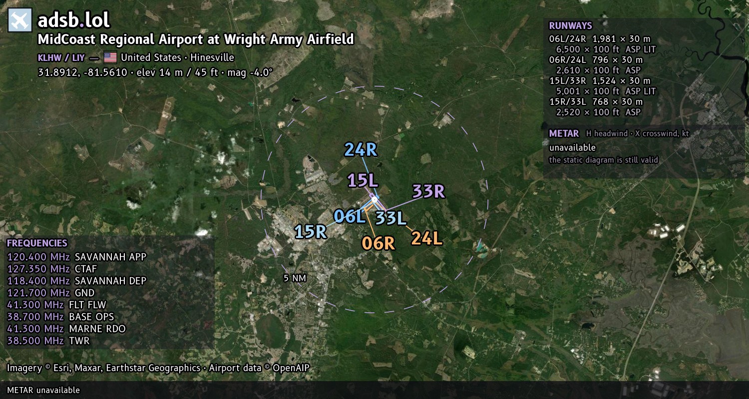 Satellite map with the runway layout of MidCoast Regional Airport at Wright Army Airfield (KLHW)