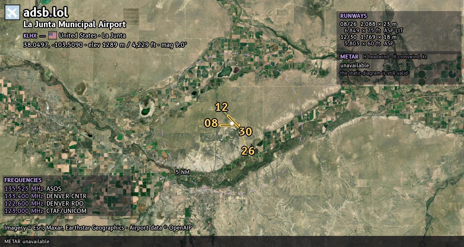 Satellite map with the runway layout of La Junta Municipal Airport (KLHX)