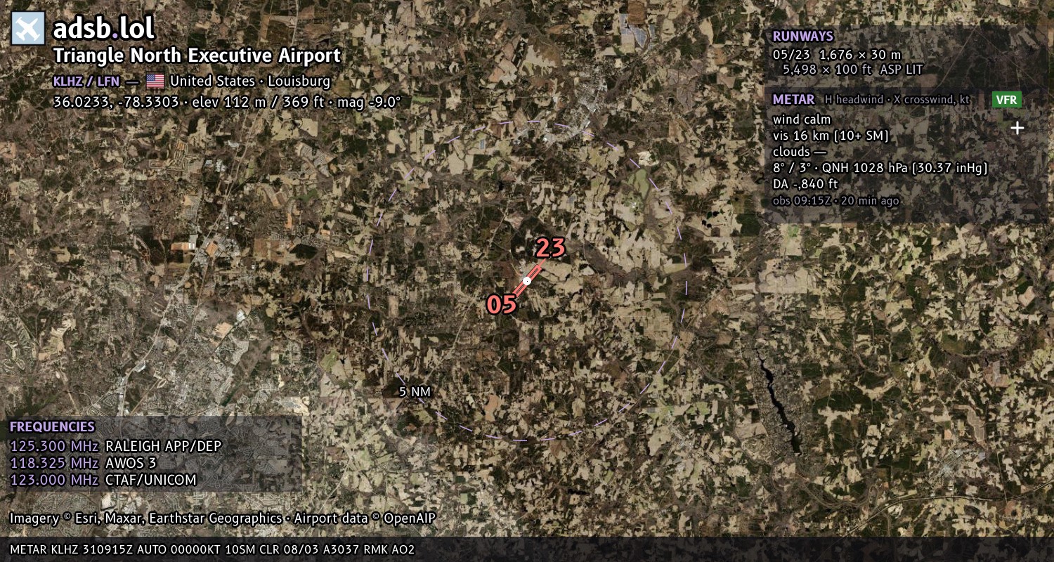 Satellite map with the runway layout of Triangle North Executive Airport (KLHZ)